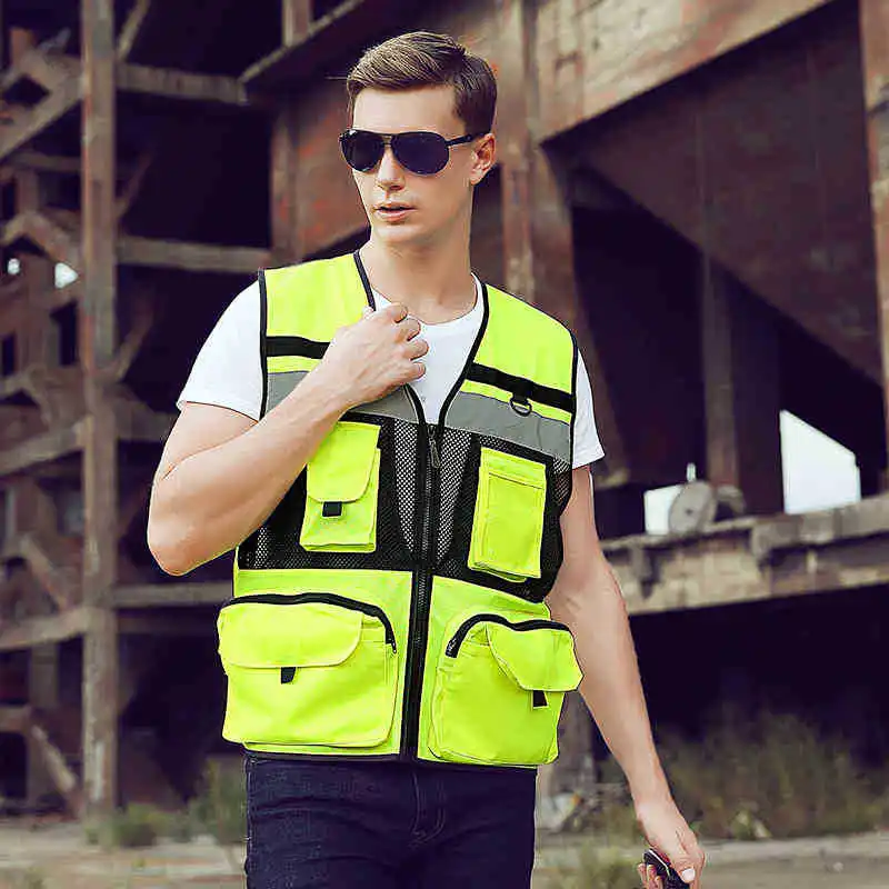 Orange Safety Vest Reflective With Tool Pockets Breathable Work gilet Hi Vis Mesh Reflective Vest Workwear