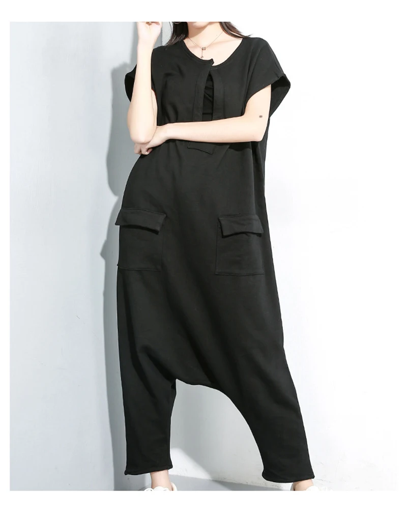 [EAM] Loose Fit Women Black Pocket Split Big Size Jumpsuit New High Waist Pocket Stitch Pants Fashion Spring Autumn 2020 1K031