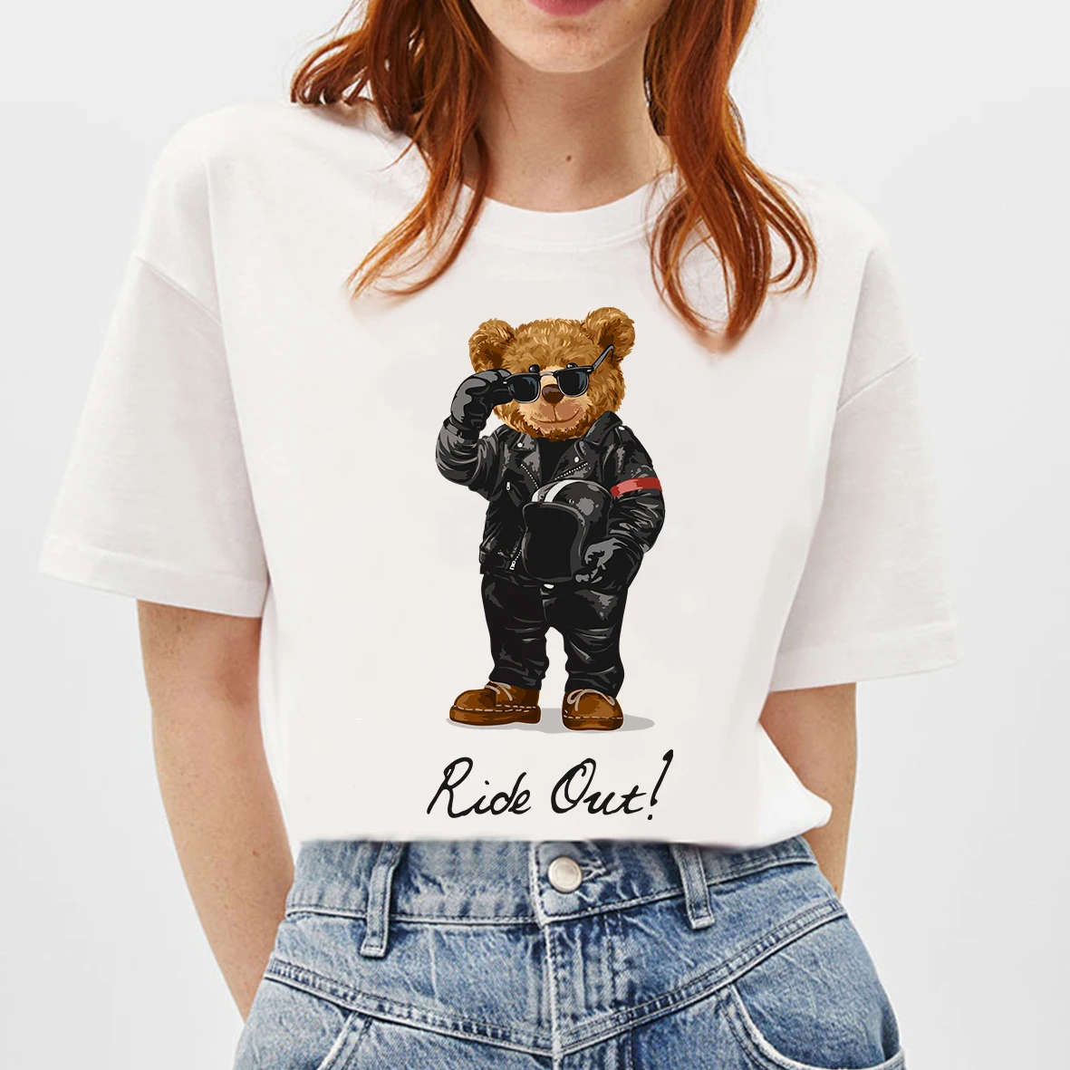 

BLINGPAW Teddy Bear Ride Out Letter Print T-shirt White Cotton Unisex Top&Tees Summer Custom Tee Shirts 16 COLORS