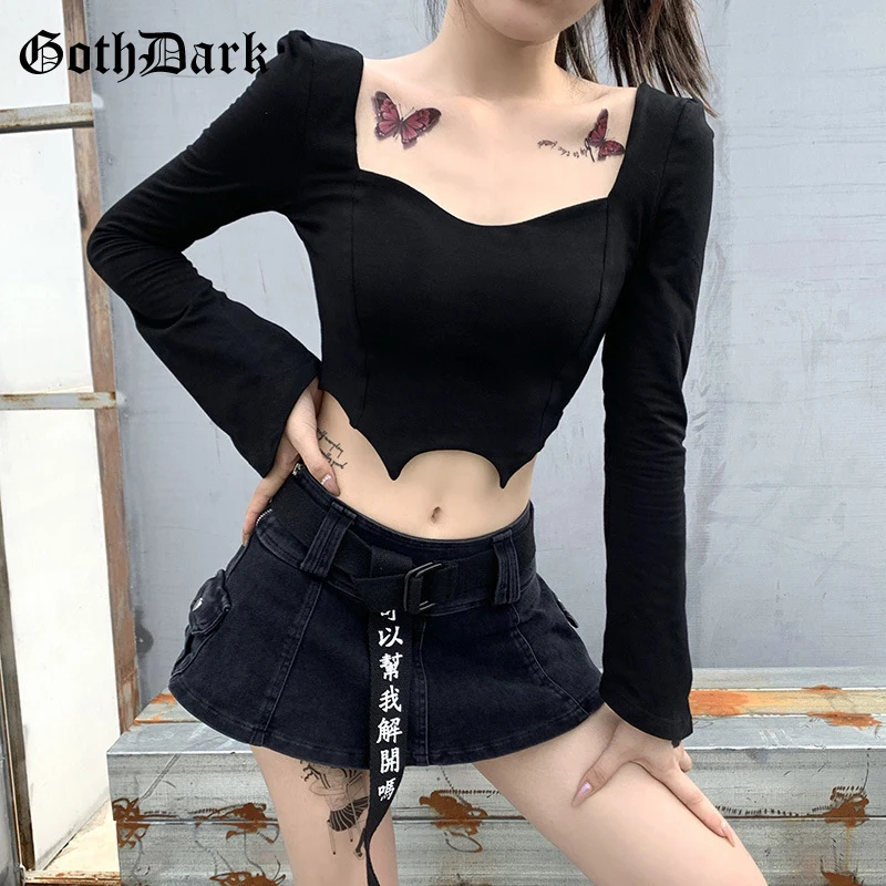 

Goth Dark Gothic Bodycon Black T-shirts Y2k Style Long Sleeve Square Neck Crop Tops For Women Backless Irregular Hem Fashion Tee
