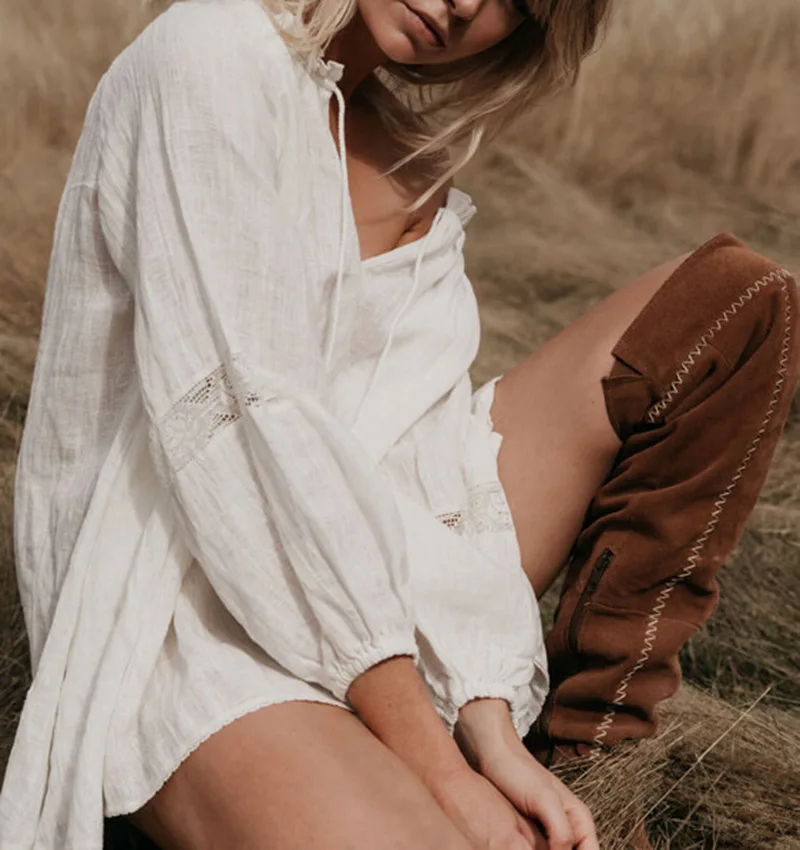 Фонарь с длинным рукавом Хлопок Boho белая блузка, женские рубашки богемные Кружева V шеи свободные блузки Женщина Плюс Размер Топы Blusas