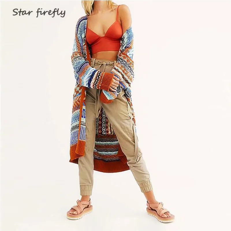 Best Price Star firefly women cardigan 2019 autumn new anti-wear thread long-sleeved V-neck long plus size striped cardigan sweater