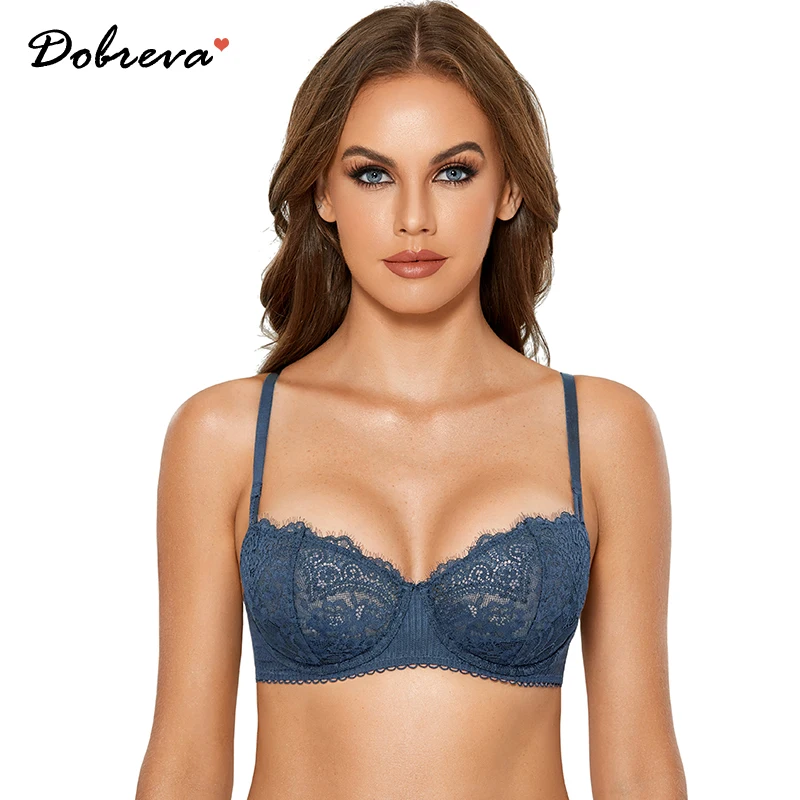 DOBREVA Women's Sexy Sheer Floral Lace Bra Push Up Plus Size Bralettes  Balconette Underwire Unlined Demi Underwear