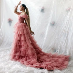 A-line Blush Pink Sweetheart Tiered Prom Gowns With Train Off the Shoulder Tulle Ruffles Pleated Evening Dresses Robe De Soiree