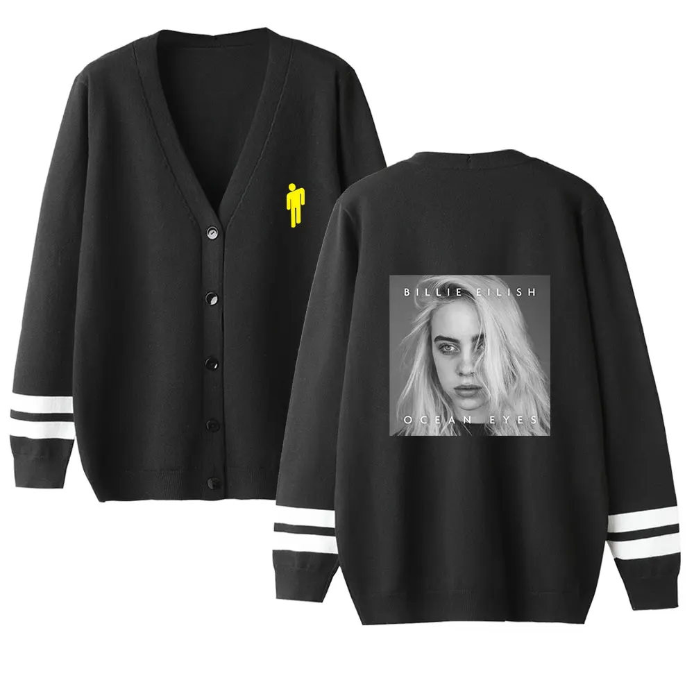 Billie Eilish Harajuku женские Свитера Осень Зима Кардиган Повседневный v-образный вырез однобортный с пышными рукавами Свободная одежда
