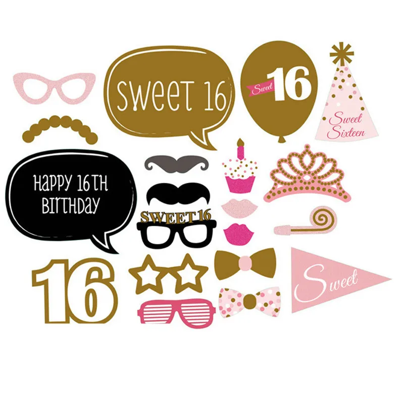 34 шт./компл. сладкий 16th ко дню рождения; реквизит для фотокамер; с капюшоном с изображением сладкий 16 вечерние украшения для девочек в розовом цвете, на день рождения реквизит для фотосессии PT37