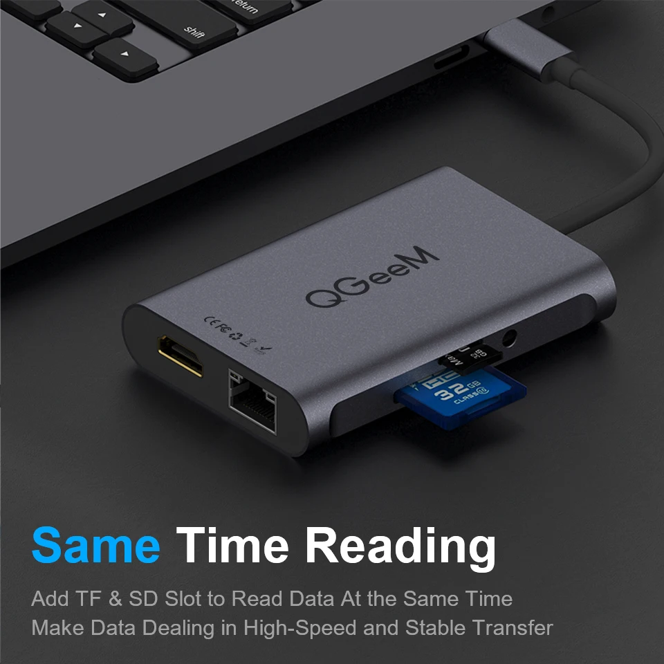 QGeeM 8 In 1 USB C Hub for Macbook Pro USB Hub 3.0 Adapter PD HDMI RJ45 TF SD 3.5mm Aux Type C Hub for iPad Pro Splitter Dock 5