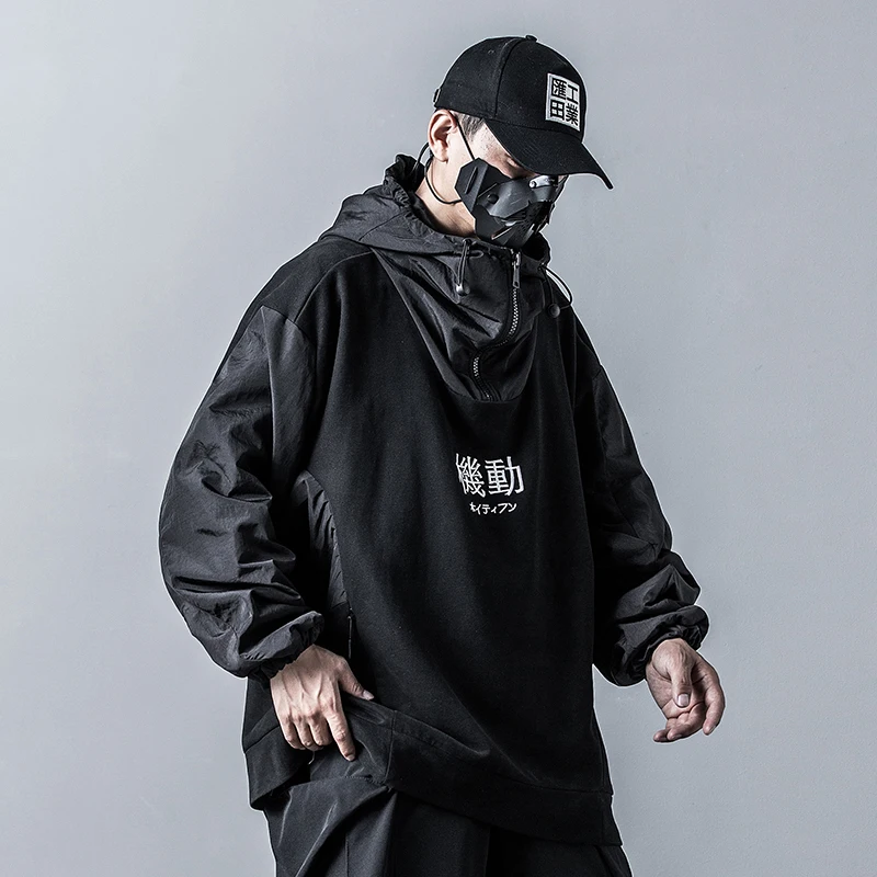 

NEW Men Turtleneck Zipper Hooded Cargo Sweatshirt Outerwear Male High Street Hip Hop Punk Gothic Loose Hoodie Jacket Overcoat