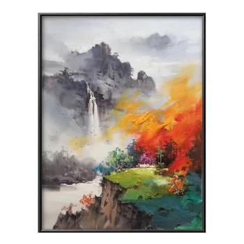 

Hand painted Modern art Abstract Oil Painting on canvas chinese yellow tree mountain river Wall Art Picture home Decor