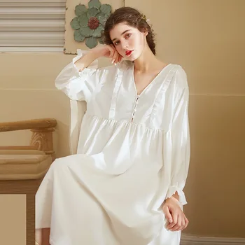 

Autumn Winter Women's Sexy V-neck Long Sleeve Long Dress Home Clothes Nightdress Retro Pajamas Gown Girls Princess Nightgown