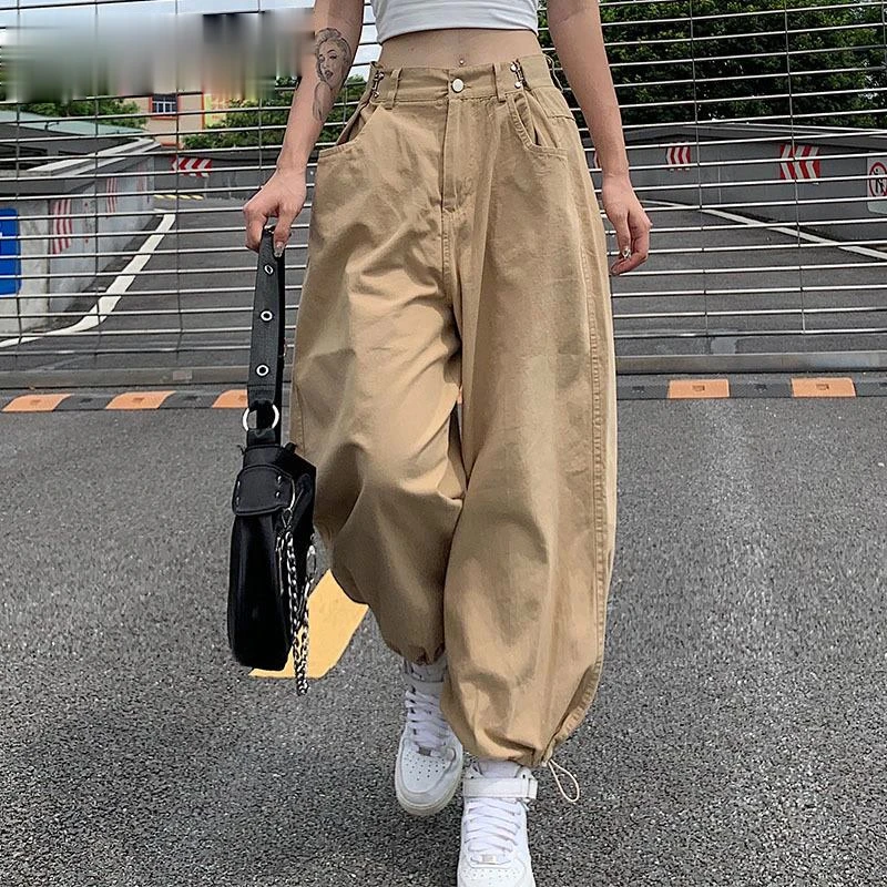 Pantalones holgados de estilo hip hop para mujer, ajustable, cintura, caqui, Y2K, 90s, otoño|Pantalones y pantalones capri| - AliExpress