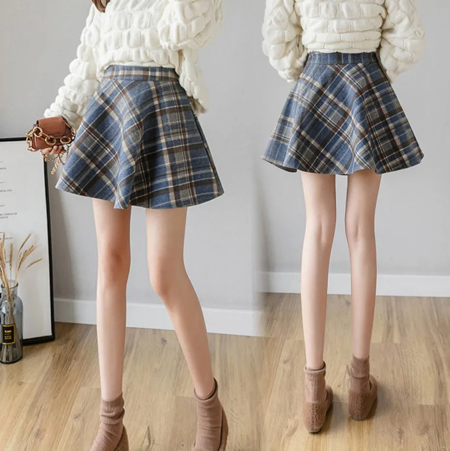 Blue Grid skirt FairyShely, летняя клетчатая юбка с высокой талией, Женская винтажная короткая твидовая плиссированная юбка, Женская Корейская шерстяная мини-юбка с рюшами в стиле ретро - Цвет: Blue Grid skirt