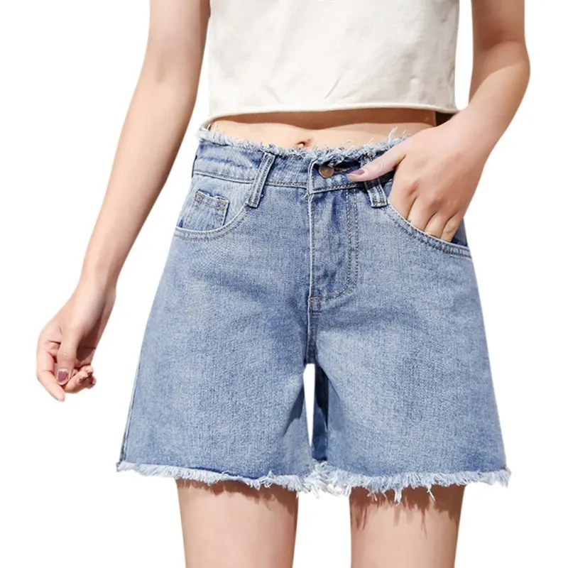 2019 летние джинсовые шорты с высокой талией модные широкие шорты с кисточками и карманами Женские однотонные повседневные короткие джинсы