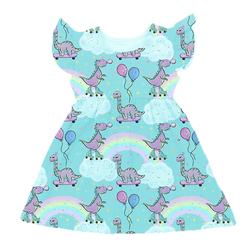 Summer Dress Kids Girls Milk Silk Dinosaur Pattern Chidlren Clothes Flutter Sleeve Party Princess Costume | Детская одежда и обувь