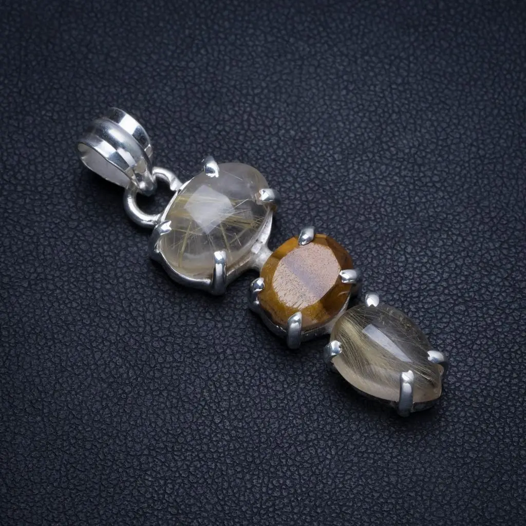 

Natural Golden Rutilated Quartz and Tiger Eye Handmade Boho 925 Sterling Silver Pendant 1 3/4" T1204