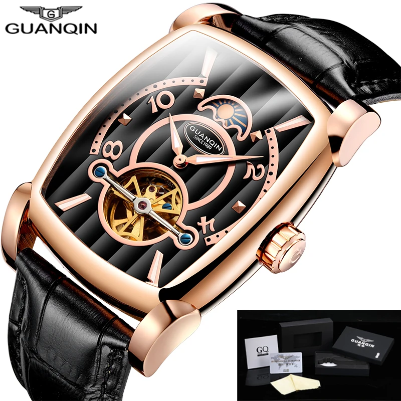 GUANQIN Tourbillon часы Автоматические Брендовые мужские механические роскошные часы Скелет прямоугольник кожа золото мужские часы