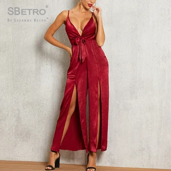 

SBetro Solid M-Slit Hem Tie Front Velvet Jumpsuit Autumn Ladies High Waisted Playsuit Bohemian Sleeveless Jumpsuit women