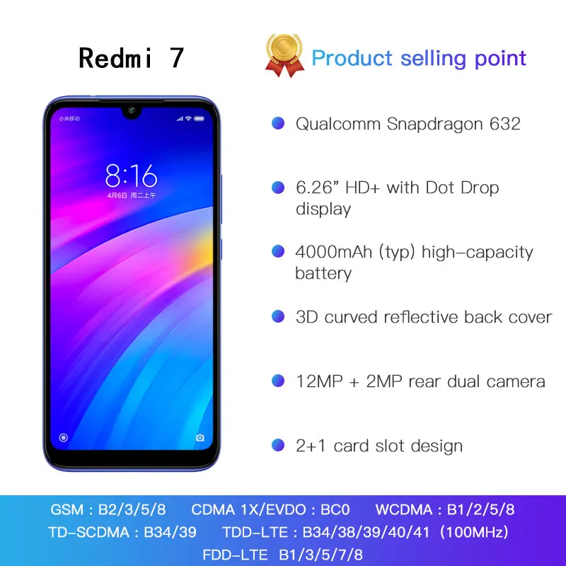Xiaomi Redmi 7 с глобальной ПЗУ 32 ГБ 3 Восьмиядерный мобильный телефон Snapdragon 632 4000 мАч