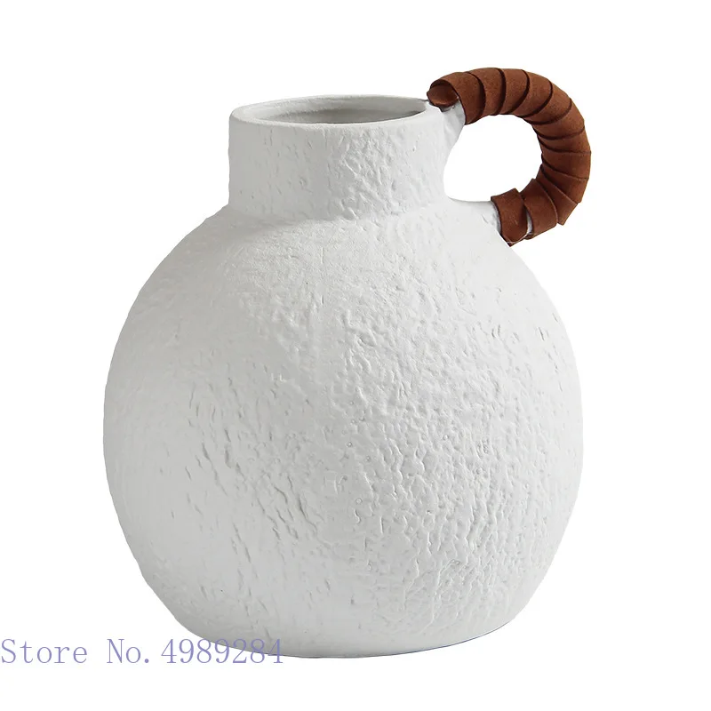 Handmade White Ceramic Vase Handle Retro Continental Scrough Rough Surface Floral Hollow Flower Vase Ceramic Crafts Ornaments 6
