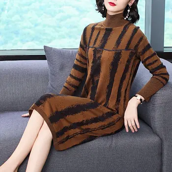 

Knitted Stripe Midi Dress Vestido De Festa Turtleneck Fashion Women's Dresses Ukraine Office Lady Thin Dress For Women Vestidos