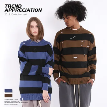 

Tide Brand Autumn and Winter New Striped Hole Influx People Oversize Men's Sweater