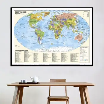 

A2 Size The World Political Map High Denfetion Fine Canvas Wall Map with Country Index and Location For Home Office Decor