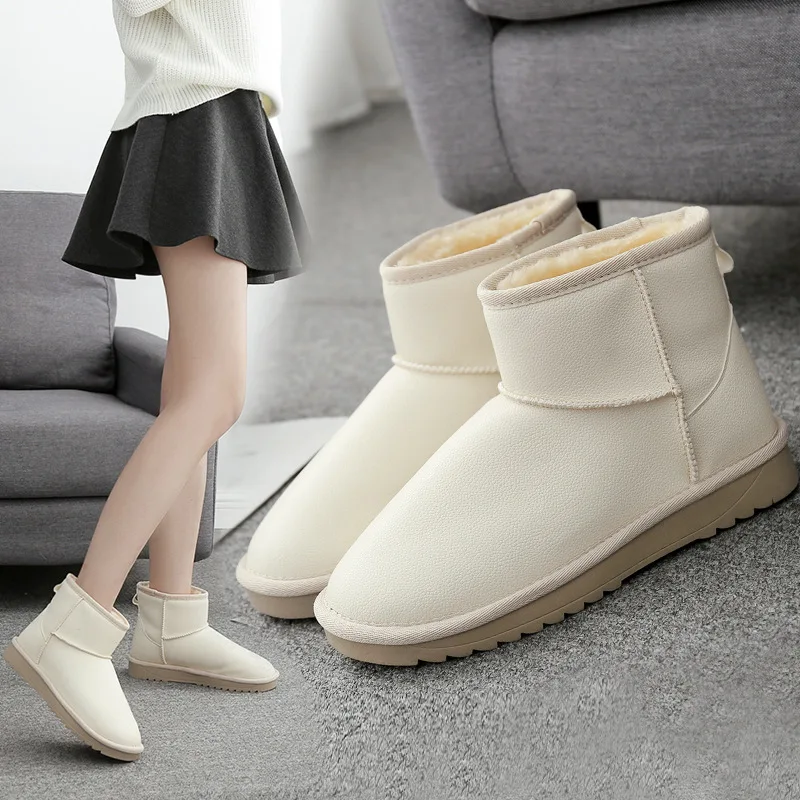 

2019 Winter New Style Snow Boots Women's Short Korean-style Versatile Flat plus Velvet Warm Cotton-padded Shoes Leather Waterpro