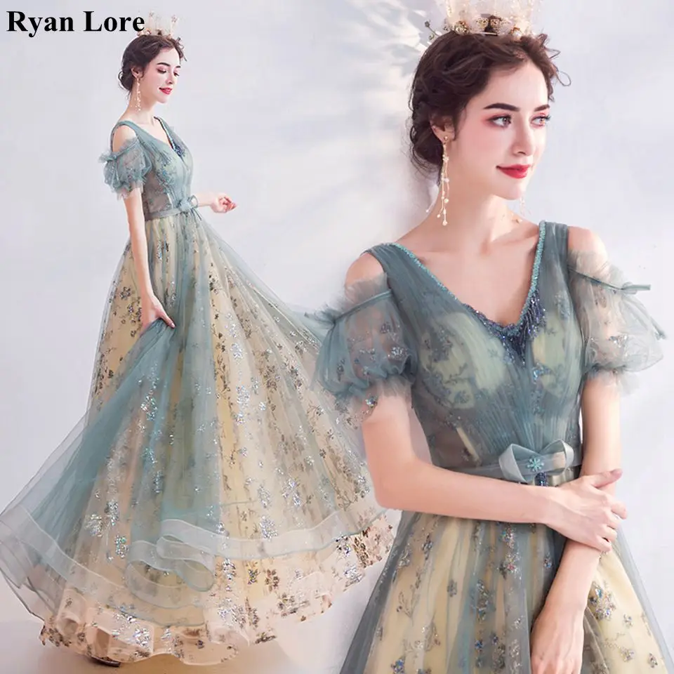 

Elegant Green Women Sequins Prom Dresses 2020V-Neck Robe Illusion vestidos Long Formal Evening Gowns Party Night Robe De Soiree
