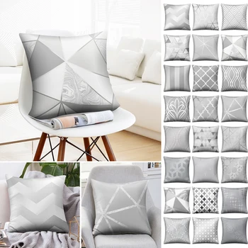 

Silver Gray Striped Geometric Cushion Cover Peach Skin Pillowcase Cojines Decorativos Para Home Bedroom Sofa Decor 45*45cm