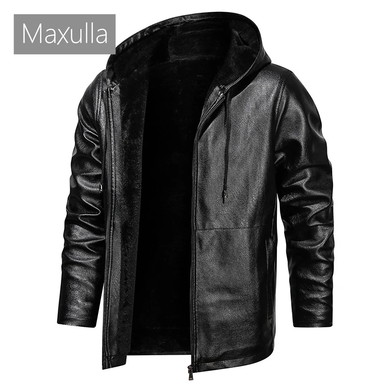 

Maxulla Winter Mens PU Jackets Casual Slim Fit Fleece Warm Motorcycle Jacket Male Streetwear Biker Leather Hooded Coats Clothing