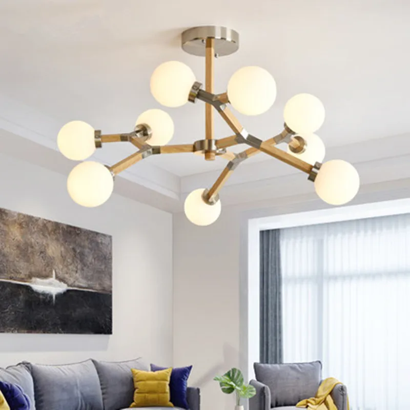 

Modern LED Chandeliers With Glass Ball Lampshades For Living Room Bedrooms Wooden Adjustable Chandelier Lighting