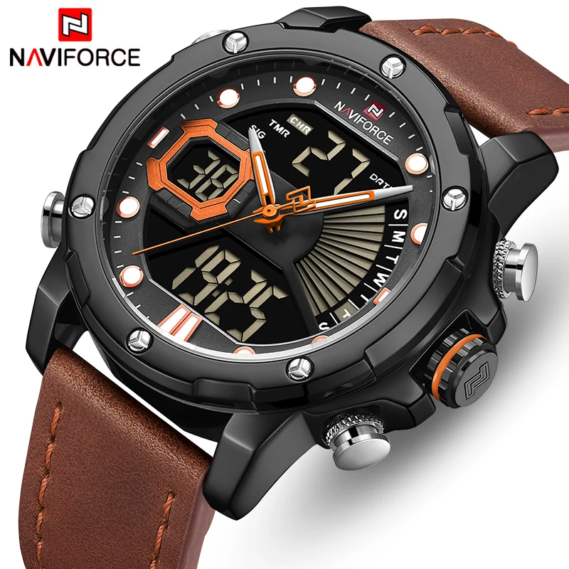 Новинка мужские часы NAVIFORCE кожа водонепроницаемые кварцевые s аналогово цифровые