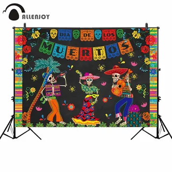 

Allenjoy Day Of The Dead Background Curtain Shantou Colorful Flags Flowers Leaves Banner Mexico Carnival Festival Party Backdrop
