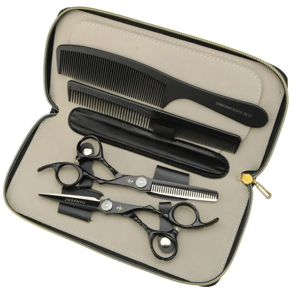 set Черный 6 дюймов 440c резная ручка Парикмахерские ножницы парикмахерские профессиональные ножницы для волос набор инструментов - Цвет: set