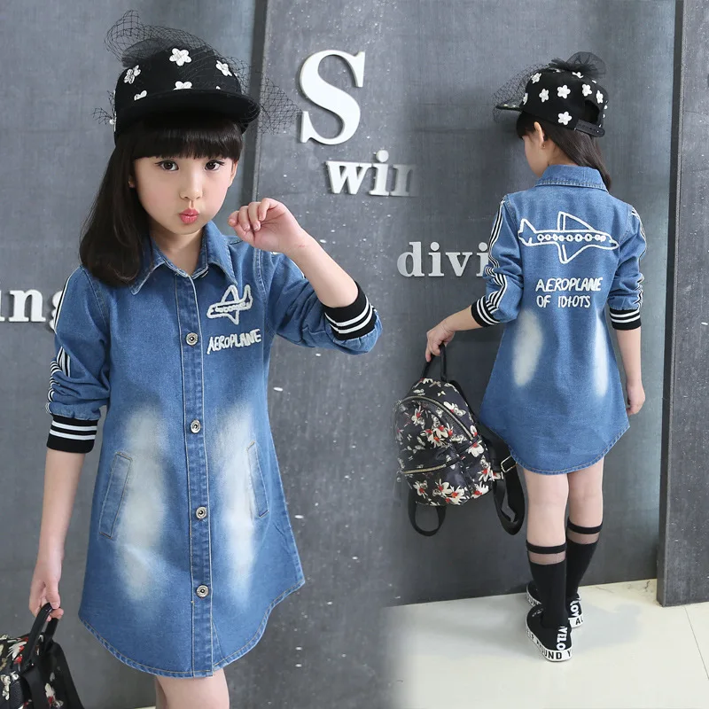 

2019 New Style Casual Children Shirt Girls Autumn Clothing Coat Big Boy Children Mid-length Denim Windbreaker Fashion on Behalf