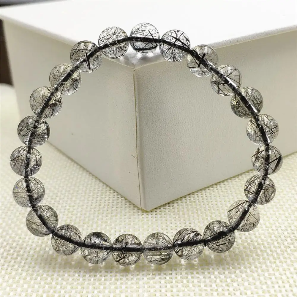

7.5mm Natural Black Rutilated Quartz Crystal For Women Men Clear Round Beads Wealthy Stone Bracelet From Brazil Reik Stone AAAAA