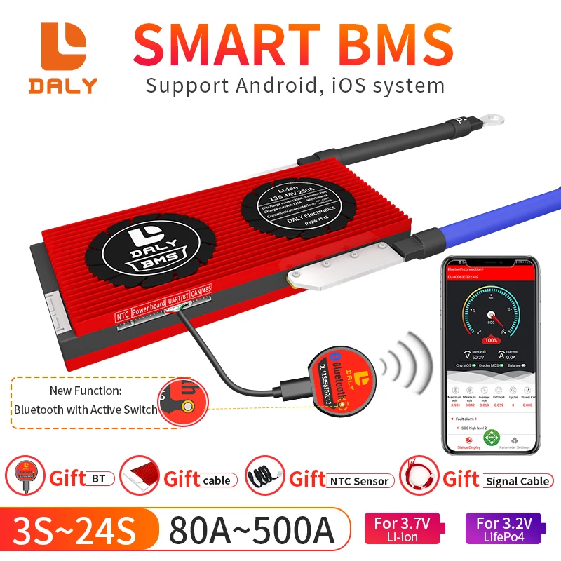 팬이 있는 CANBUS 스마트 BMS LiFePO4 리튬 이온 500A, 3s, 4s, 8s, 13s, 16s, 12V, 24V, 36V, 48V, 500A, LiFepo4 18650 dalyBMS