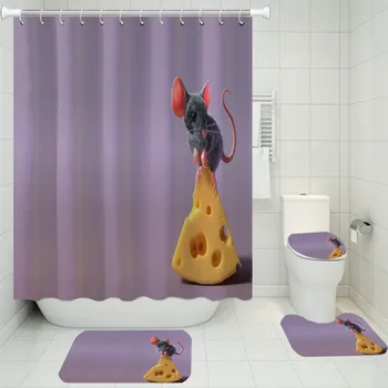 

Cat Mouse Print Toilet Lid Cover Bath Carpet Shower Curtain 4 Piece with Free Hooks Animals Shower Curtain Bath Rug Mat Sets