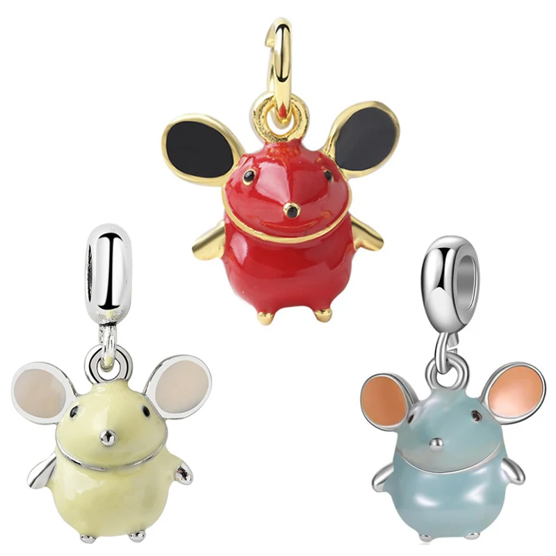 

Fit Original Pan Charms Bracelet for Women Cartoon Cute Red Blue Yellow Enamel Mouse Pendant Beads DIY Jewelry Bangle Dangle