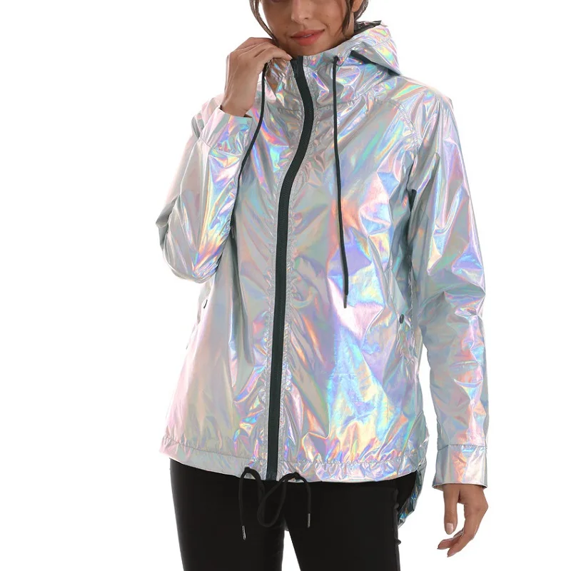 Bomber Jacket New Women's Jackets Womens Outerwear Hooded Spring Coat Femme Zip Up Waterproof Metallic Color | Женская одежда