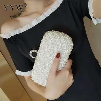 

100% Hand Made Luxury Pearl Clutch Bags Women Purse Diamond Chain White Evening Bags For Party Wedding Black Bolsa Feminina