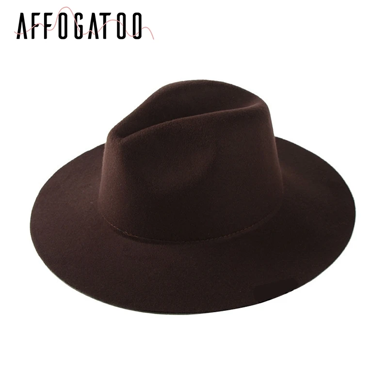 Coffee Afogatoo элегантная шерстяная Фетровая Шляпа Fedora с широкими большими полями, винтажная женская элегантная Осенняя Зимняя шляпа-федора, одноцветная женская шляпа от солнца - Цвет: Coffee
