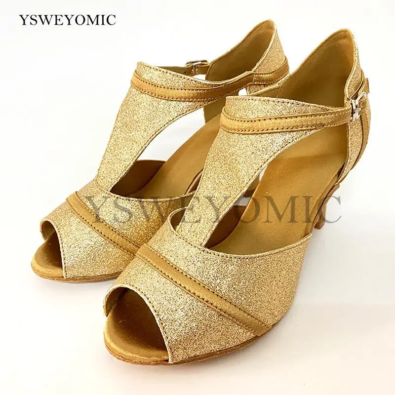 Low Heel 6cm Practise Latin Dance Shoes Customized made Gold Color Glitter Ballroom Dance Shoes Suede Outsole Use Indoor Outdoor