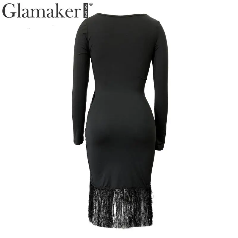Glamaker с кисточками в стиле пэчворк с длинным рукавом Белое платье для женщин с высокой талией облегающее черное платье весеннее сексуальное элегантное вечернее платье vestidos