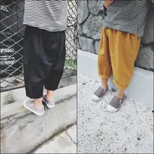 Стиль; сезон лето-осень; детская одежда в Корейском стиле; детские шаровары; хлопковые льняные капри; мешковатые брюки; большие Pp брюки