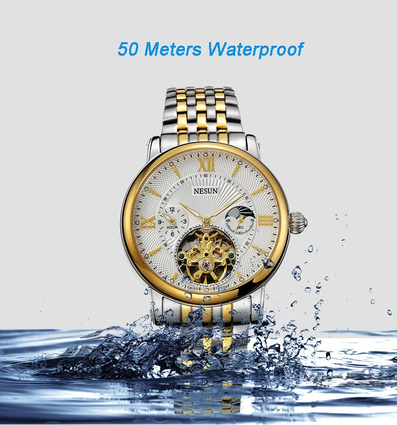 Швейцария Nesun полые Tourbillon часы Для мужчин Элитный бренд автоматические механические Для мужчин часы сапфир Водонепроницаемый часы N9091-7