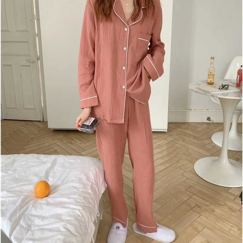 Women's Pajamas Spring Autumn Gauze Long-Sleeve Trouser Sleepwear Cotton Solid Color Lapel Cardigan Korean Casual Loose Homewear pajama sets for women