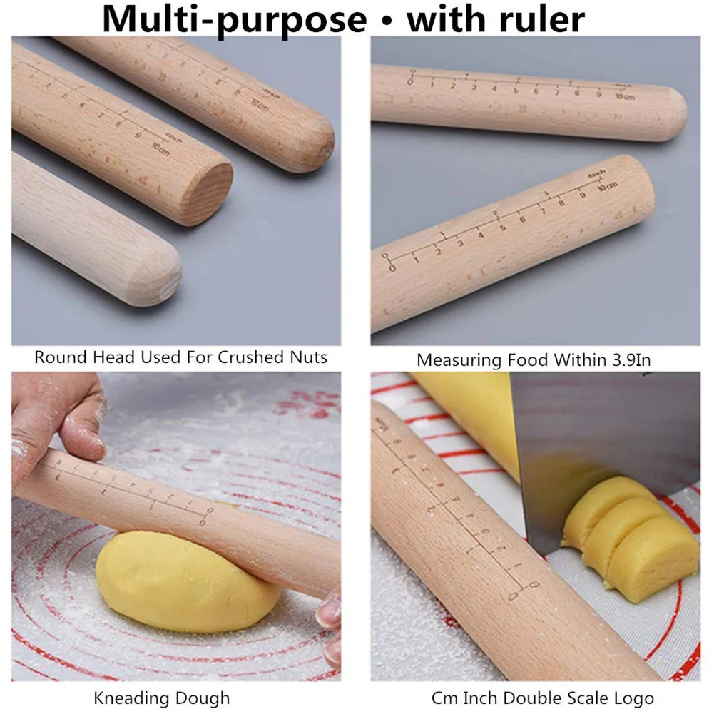 Scaled Solid Wood Rolling Pin Kitchen Baking Utensils Non-stick for Making Biscuits and Pastry Dough