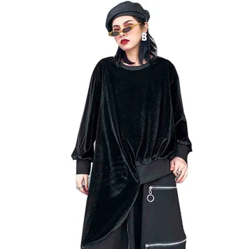 

QING MO Black Green Women Velvet T Shirt 2020 Women Spring Irregular T Shirt Female Casual Solid T Shirt Top ZQY2982