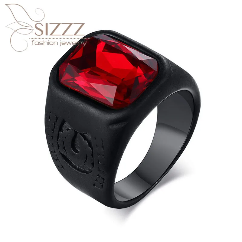 

SIZZZ Europe and the United States tide fashion stainless steel red glass black men's ring